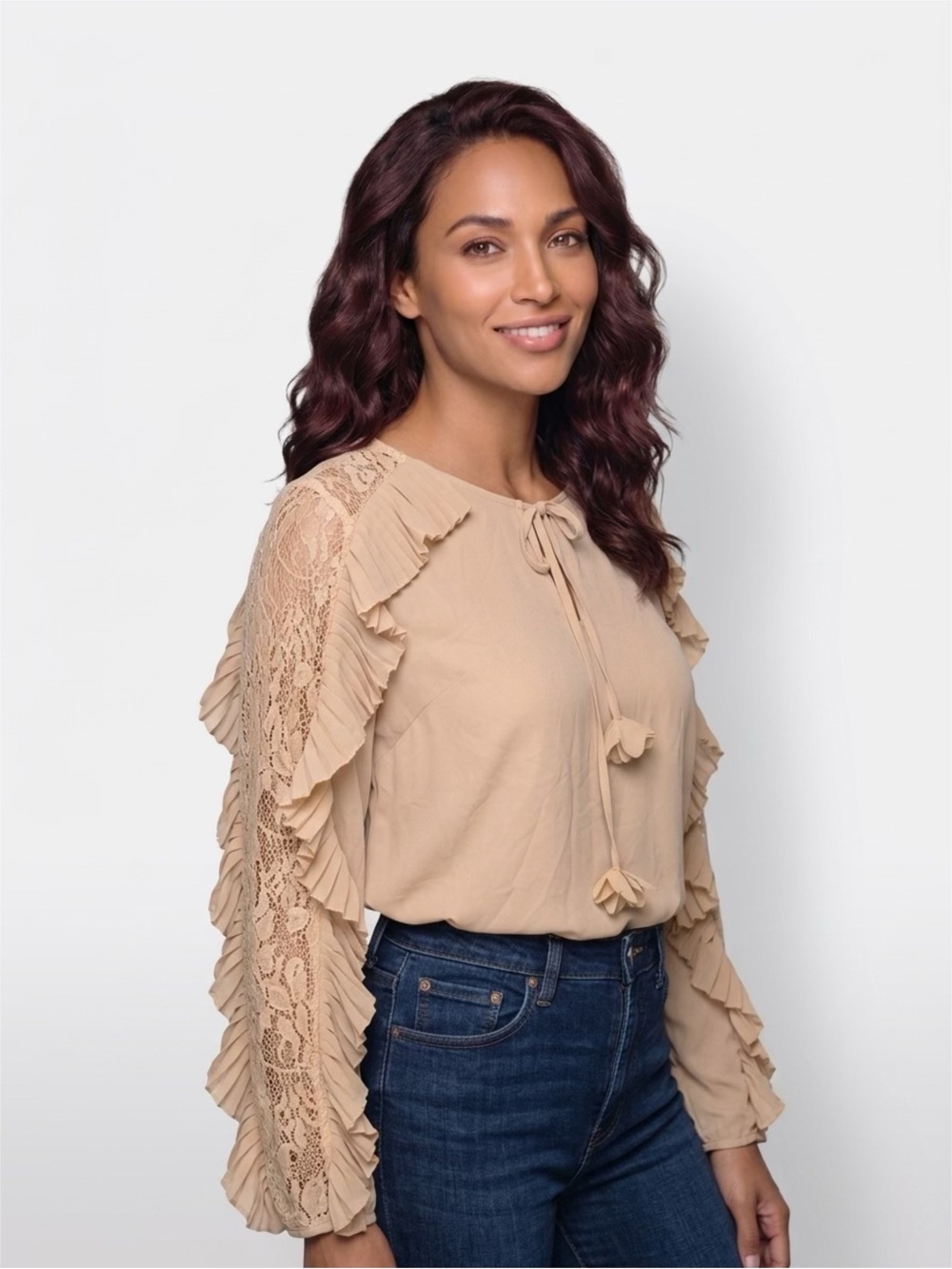entro Beige Ruffle & Lace Fringe Tie-Neck Blouse Size M